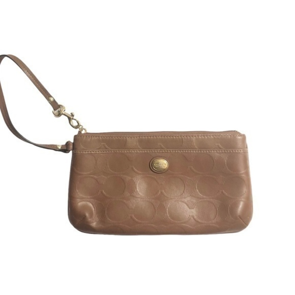 Coach brown embossed wristlet clutch bag